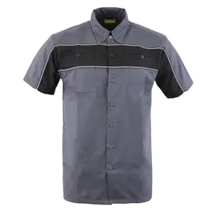 Grey and Black Button Up Heavy-Duty Work Shirt for Men's Classic Mechanic Work Shirt 50% Cotton 50% Polyester Reflective Material Short Sleeves
