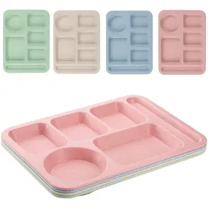 4 count Unbreakable Divided Plate,14inch  Plastic Lunch Trays With 6 Compartments,Large Portion Control Plate Serving Meal Plate for Adults,Microwave & Dishwasher Safe For Daily Use,4Colors