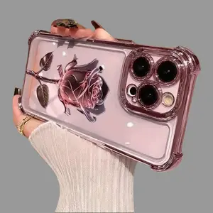 Pink rose electroplated pattern, drop-proof and non-slip TPU phone case, compatible with iPhone 17 Air, 16 Pro Max, 15 Plus, 14, 13, 12, 11. A unique phone case that can be given as a gift to boys or girls.QXA827 i̇phone  pro  max  cases