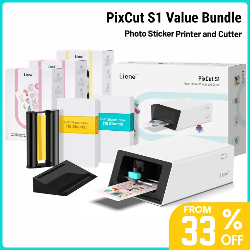 Liene PixCut S1 All-in-One Color Sticker Printer & Cutting Machine, Sticker Maker for DIY Crafts, Custom Labels & Gifts, Thermal Dye-Sublimation Photo Printer, 300 DPI, Color Label Maker, Precise AI Auto-Cutting, Back to School, Home Decor