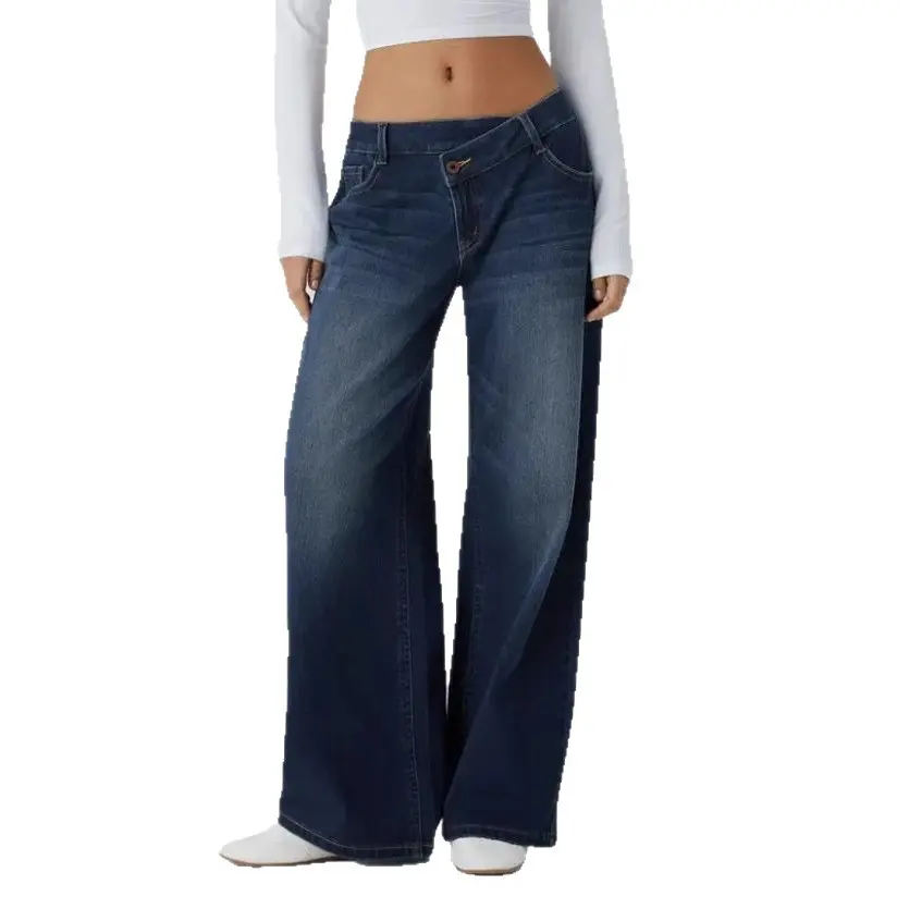 Women’s Asymmetrical Cross Waist Wide Leg Jeans Dark Wash Denim Pants Y2K Baggy Streetwear
