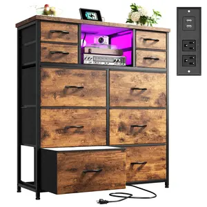 RaybeeFurniture 10 Fabric Drawers Dresser for Bedroom, with Charging Station and LED, Sturdy Bedroom Dresser for Storage, Closet, Hallway