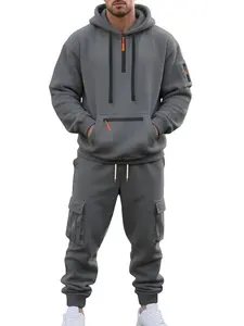 Men's Winter Fleece Casual Set, Loose Sporty Hooded Sweatshirt Jacket & Pants, Warm Long Sleeve Multi-Pocket Workwear for Cold Weather