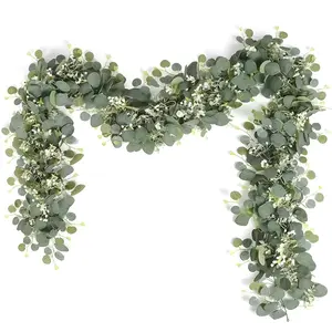 2pcs Artificial Eucalyptus Leaves Greenery Garland Faux Plant Spring Vines with White Flowers Berries for Wedding Home Party Deco