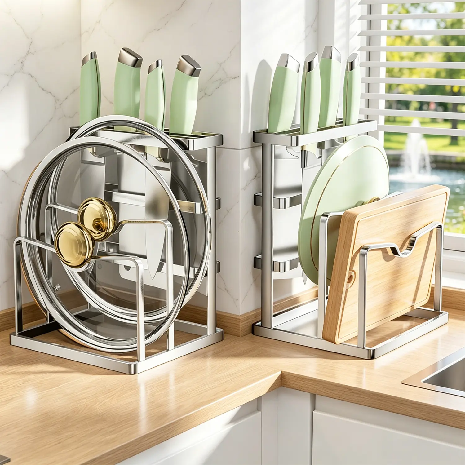 Kitchen storage rack for pots and pans, stainless steel cutlery holder, suitable for frying pans, saucepans, baking utensils, dinner plates, baking trays, serving trays, cutlery, chopping boards and silverware