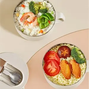 Large Capacity 304 Food Grade Stainless Steel Noodle Bowl with Lid, Heat Resistant Portable Bowl, Foldable Cutlery for Dorms and Offices