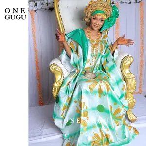Madashiki Mint Green With Gold Printing African Dashiki Basin Boubou Dress Nigerian Origianl Printing Bazin Riche Wedding Party Long Robe