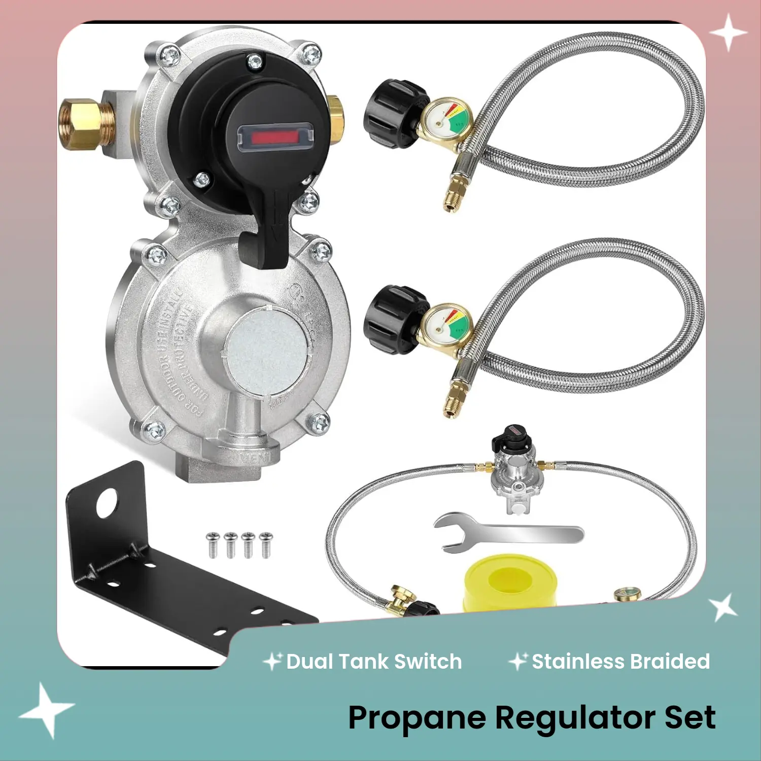 Portable 2-Stage Automatic Changeover LP Propane Gas Regulator with 2 18" Stainless Braided QCC1 1/4" Inverted Male Flare RV Pigtail Hoses with Gauge