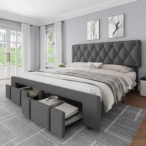 Full Size Bed Frame with 2 Storage Drawers, Upholstered Platform Bed Frame