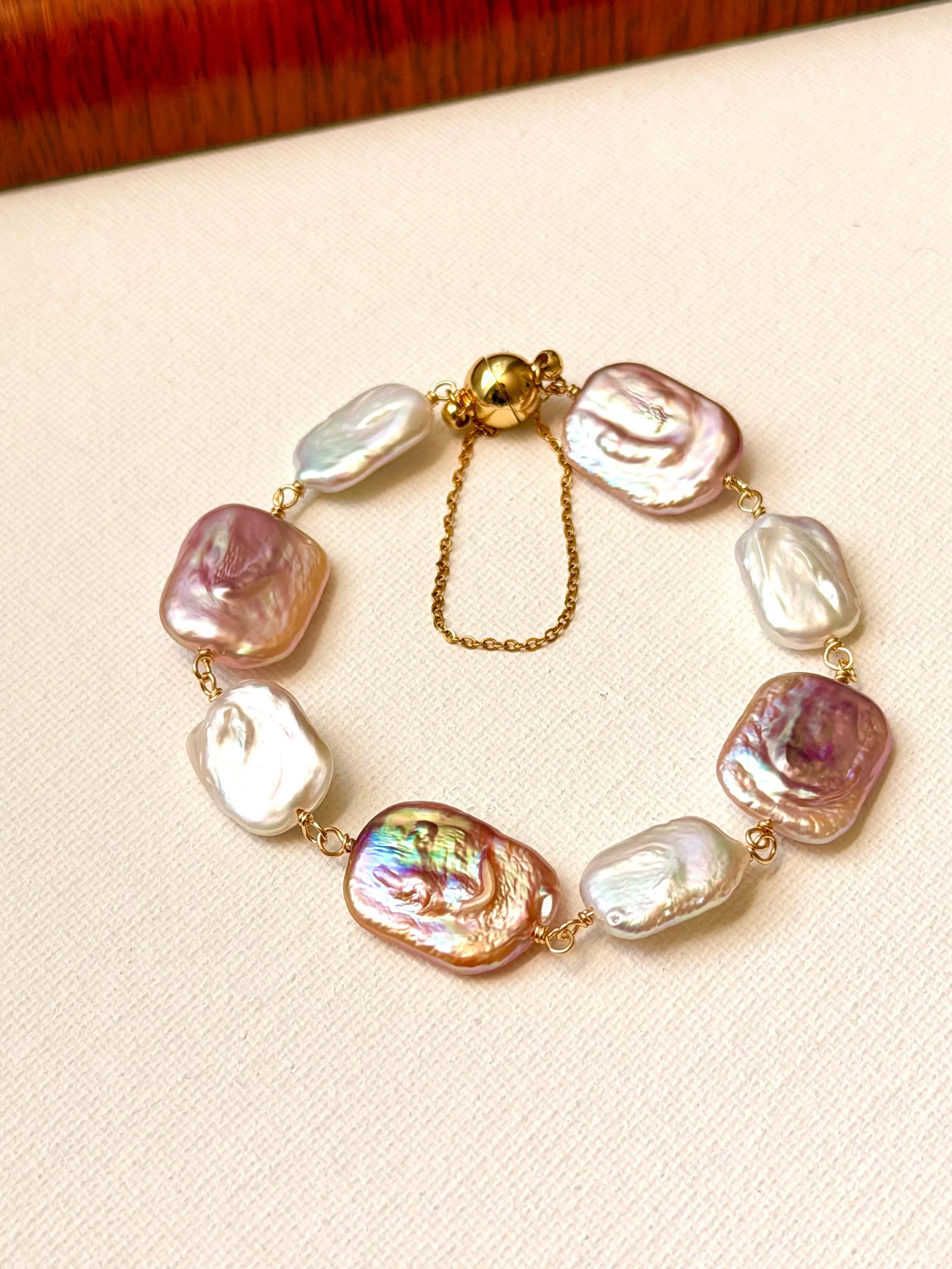Baroque Pearl Bracelet Gold Magnetic Clasp Safety Chain Jewelry