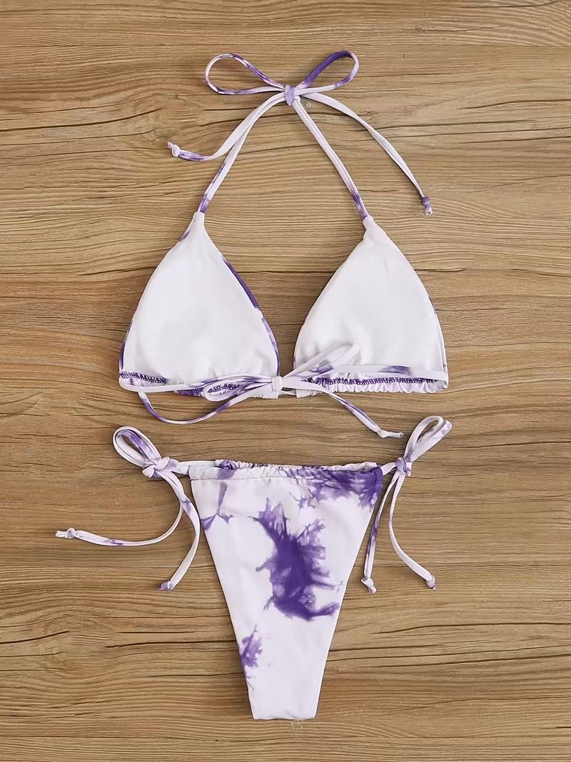 New Tie-Dye Two-Piece Bikini Set with Sexy Straps and Bow Detail, V-Neck Party Swimsuit for Women