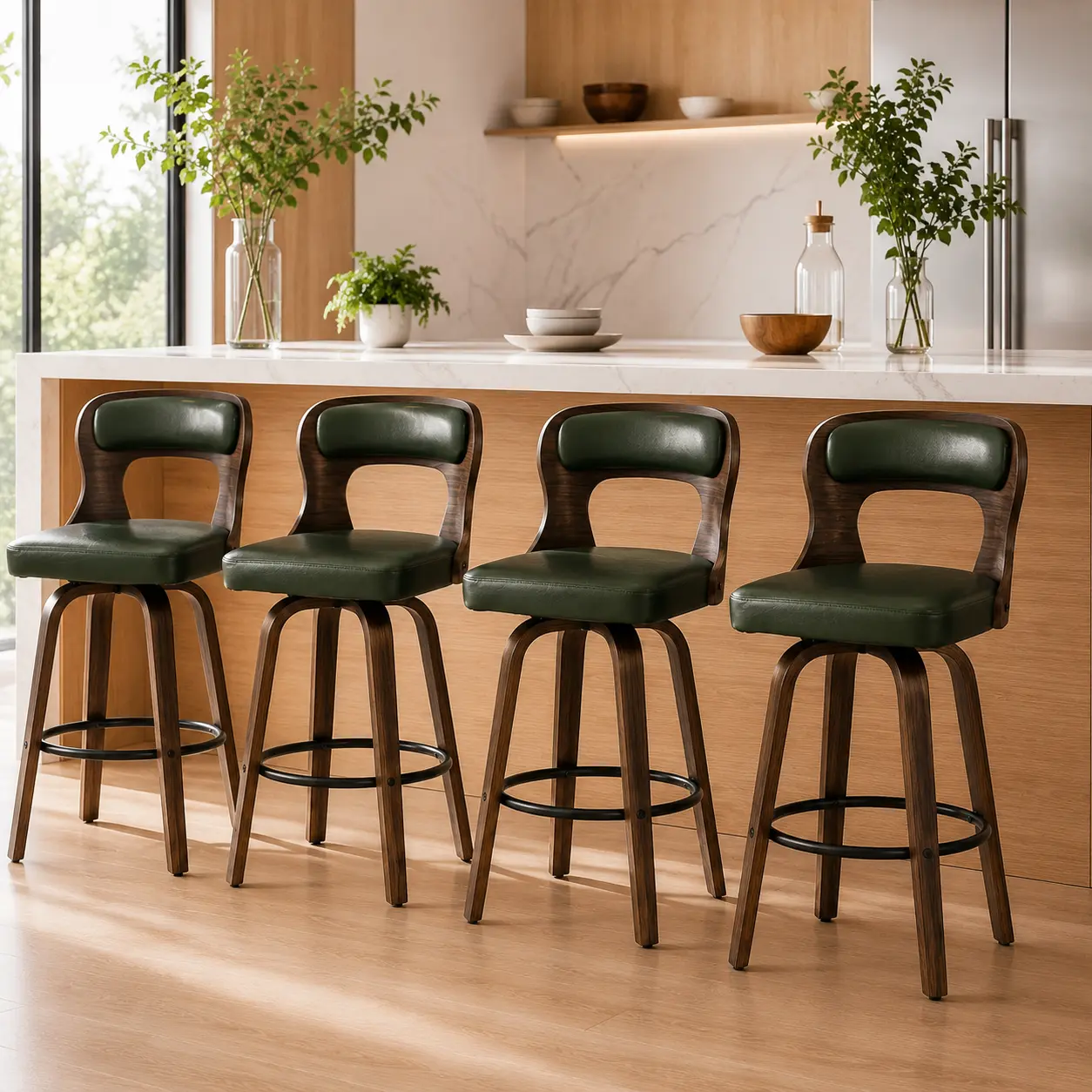 Swivel Bar Stools Set of 2, 29 Inch Counter Height Stools with Back, Modern Solid Wood Barstools with Premium White PU Leather Cushion, Mid Century Kitchen Island Chairs for Home Bar, Bistro