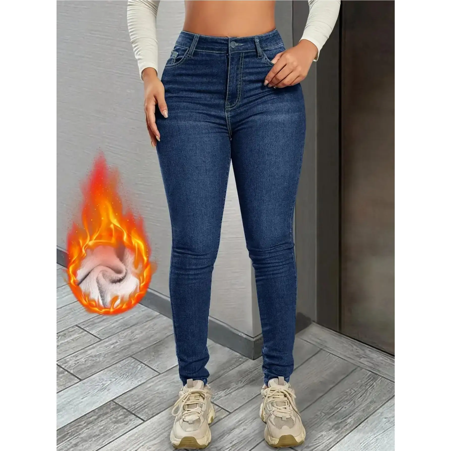Women's High-Waisted Cashmere-Lined Slim-Fit Jeans, Bottom with Tummy Control, High-Stretch Cotton-Elastane Casual Fabric, Pockets, Full Length, Custom Fit, Style HC8772230