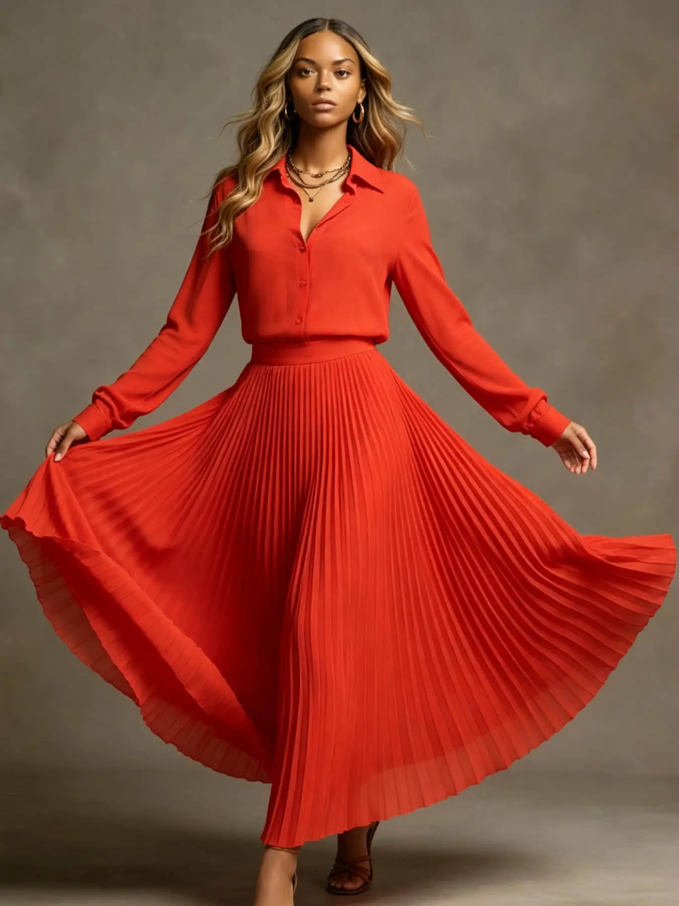 Two-piece Women's Fashion Minimalist Orange Commuter Set: Drop-cut Long Sleeve Blouse + High-Waist Flared Pleated Skirt, Perfect for Spring and Summer, Suitable for Outdoor Weddings, Dates, and Art Gala Events