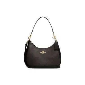 COACH Leather Hobo Bag with Gold Logo and Jacquard Zipper for Women