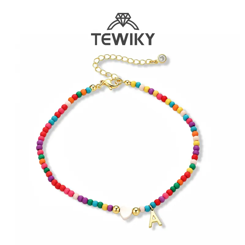 Tewiky Gold Mother of Pearl Heart Initial Anklet with Colorful Seed Beads, Summer Beach Letter Ankle Bracelet