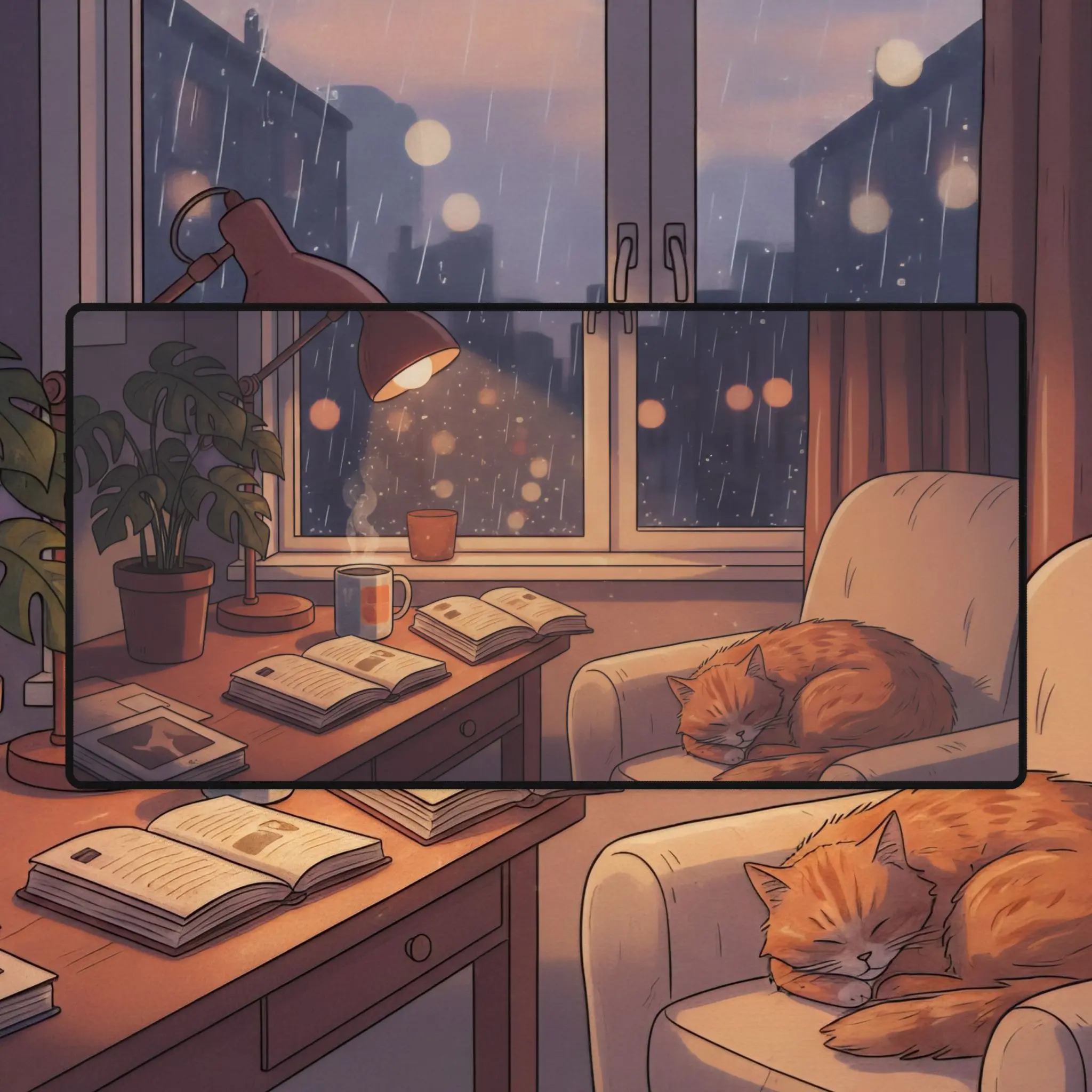 XL Cozy Lo-Fi Cat Desk Mat - Rainy Window Aesthetic