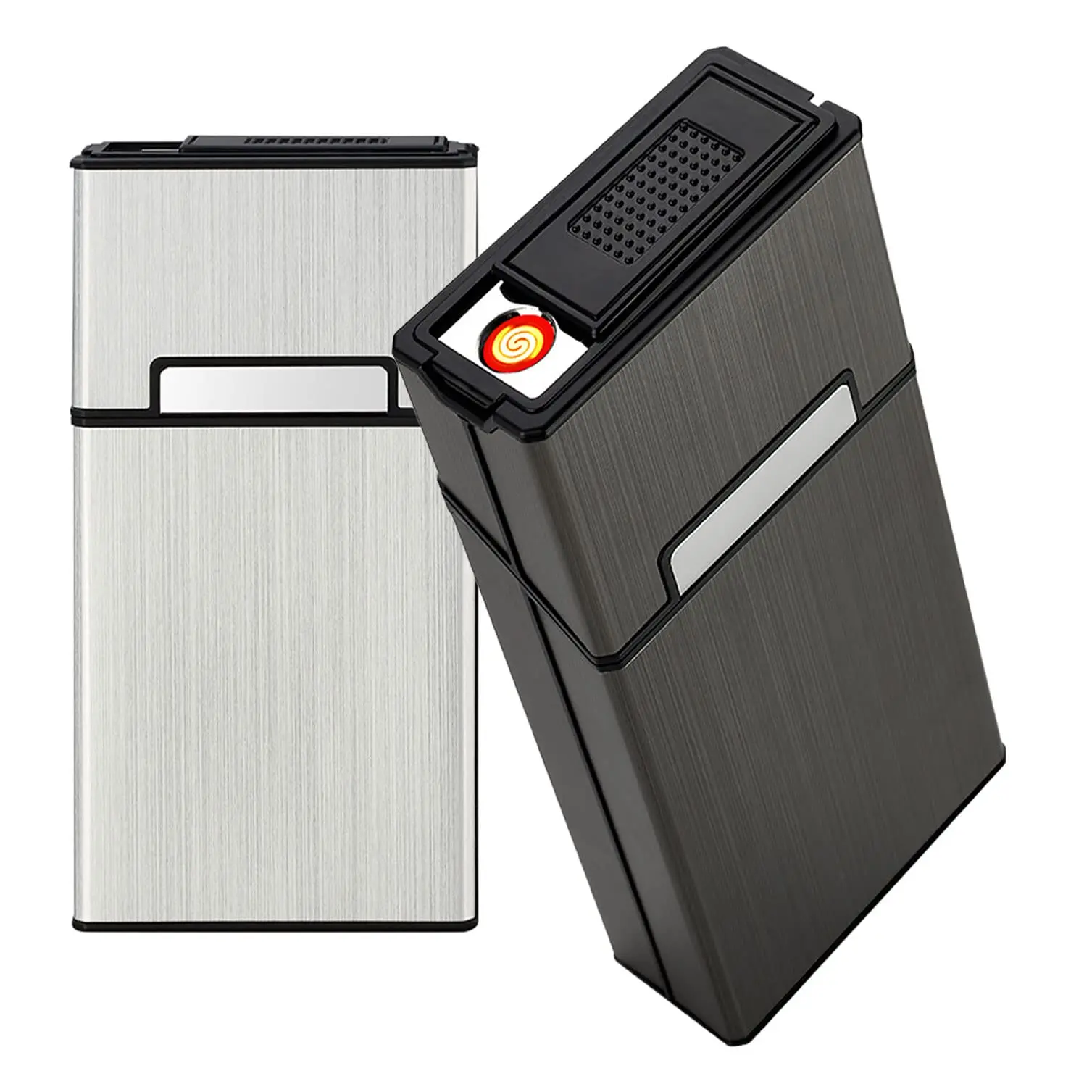 (For 100mm) USB Rechargeable Aluminum Windproof Lighter with 100mm Magnetic Smooth Plastic King Size Cigarette Case, Pressure-Resistant Flip-Top Tungsten Igniter, Outdoor Accessory, Gift Idea for Boyfriend, Home Supplies & Hotels Accessory, Husband
