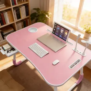 Pink Folding Laptop Bed Desk with USB Charging Port | Multi‑Functional Lap Table with Drawer, Cup Holder & Device Stand | Portable No‑Install Desk for Bed, Sofa & Floor | Ideal for Study, Work, Eating & Gifts