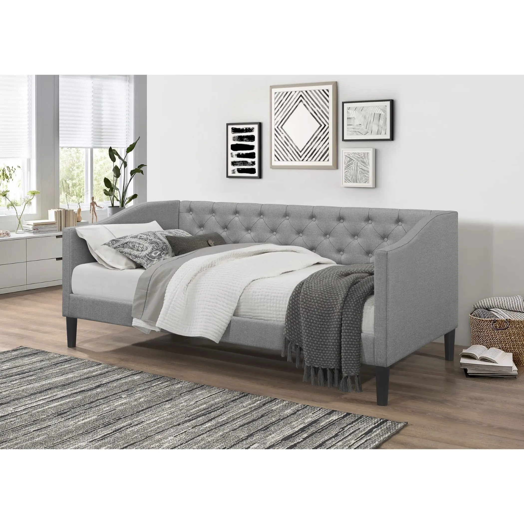 Favorer Gianna Linen Upholstered Twin Daybed With Full Slatted and Button Tufting, Gray/Black