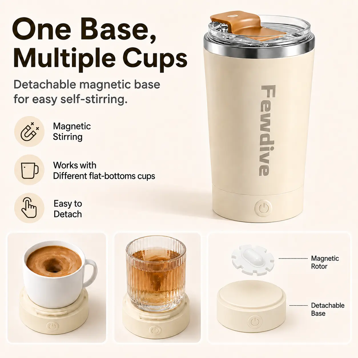 Self Stirring Cup with Magnetic Mixer, Automatic Protein Shaker Cup, Detachable Base, 304 Stainless Steel Inner Liner, USB-C Rechargeable, Perfect for Protein Shakes, Coffee & More