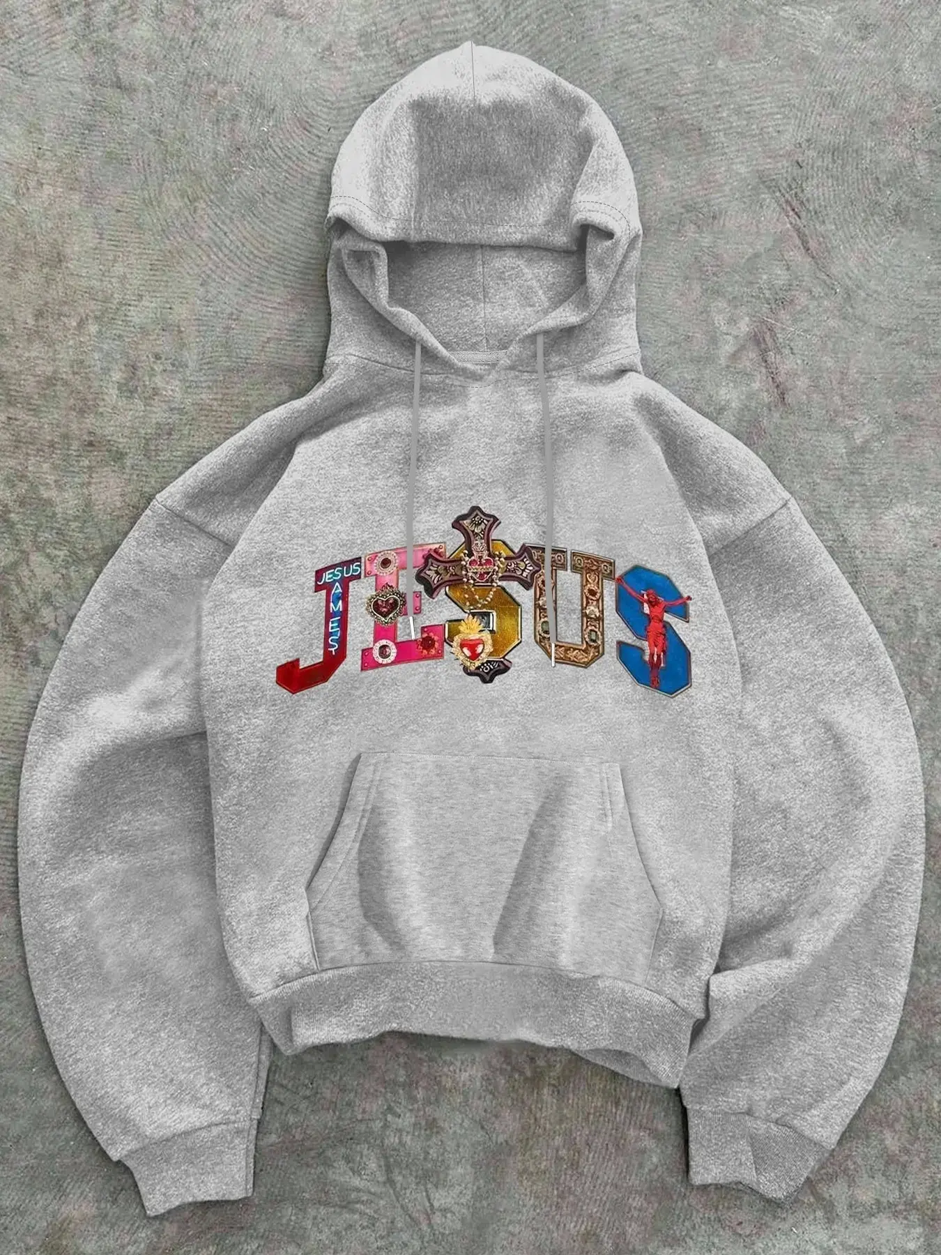 Women's Streetwear Fitted Long Sleeve Hoodie Sweatshirt, Casual Hooded Sweatshirt, Featuring Stylish Cross Graphic & "JESUS" Print, Drawstring and Pockets, Christian Street-style Statement Pullover, Ideal for Autumn & Winter Casual Daily Wear
