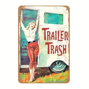 Vintage Trailer Trash Tin Sign - Iron Retro Look RV Camper Wall Decor - Inspirational Quotes 7.87x11.81inch - Waterproof and Weather-Resistant Outdoor Metal Decoration for Kitchen, Bathroom, Farm, and Garage