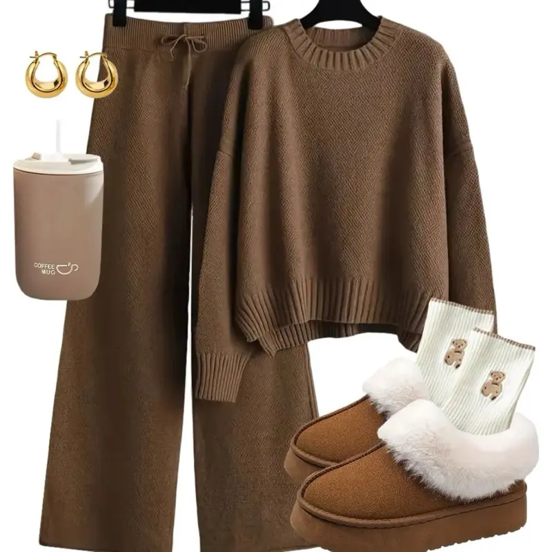 Maison de Blush | Cozy Fall Knitted Set - Soft Sweater + Wide-Leg Pants | Loungewear for Women Homewear Pajama Long Sleeve