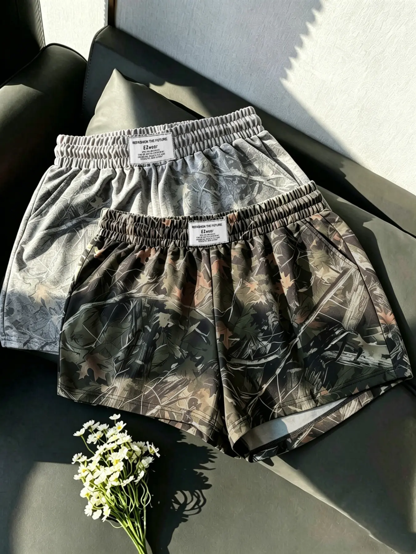 2-Pack Women's Fashionable Elastic Waist Baggy Loose-Fit Shorts, Casual Plain & Camouflage Design, Ideal for Spring and Summer, Comfortable Ladies' Bottoms