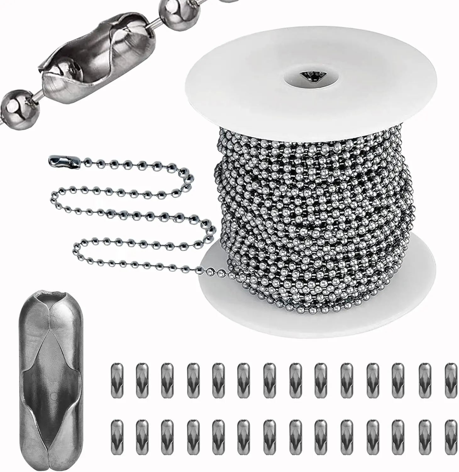 Stainless Steel Ball Bead Chain - 1.5 mm, 2.0 mm Uniform Size Metal Chain with 55 ft Bulk Cuttable Length, 100 Matching Connectors & Clasps, Smooth Surface, Comfortable Grip for DIY Jewelry Making Projects