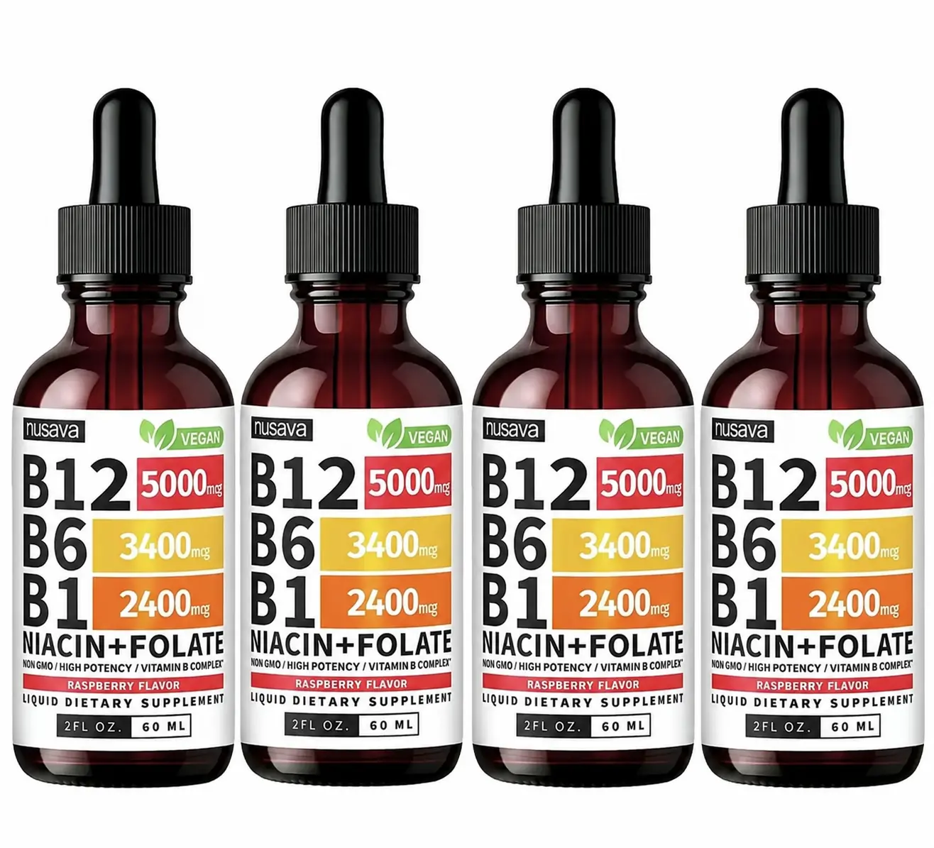 4 Pack NUSAVA Vitamin B12 Liquid Drops 5000mcg – B Complex with B6 B1 Folic Acid Sublingual