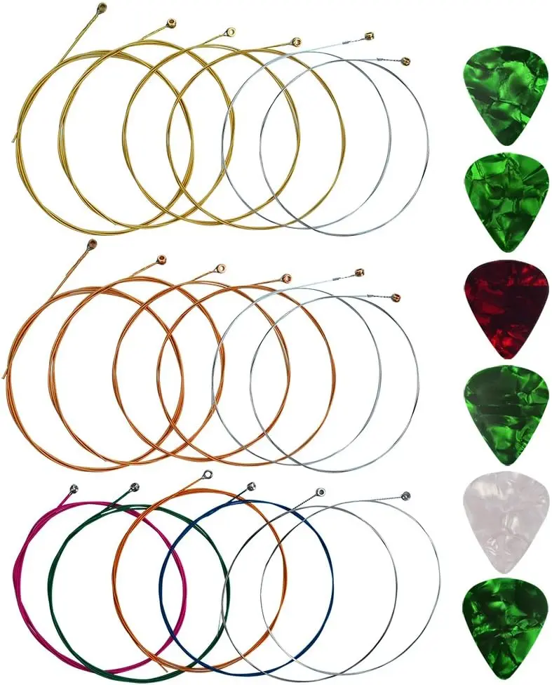 Acoustic Guitar Full Set Replacement Kit - 3 Sets of Steel Strings, 6 Picks for Beginners