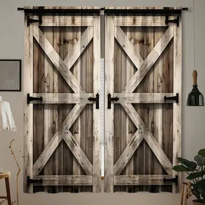2pc Vintage Barn Door Design Curtains, Light Wood Color Fabric for Rustic Industrial Style, Privacy Protection and Light Blocking for Living Room, Home Decoration Curtain, Room Decor Curtain