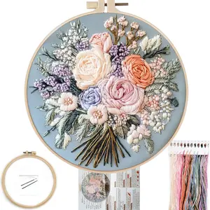 Beginner Friendly Bouquet Floral Embroidery Kit, Pre-Printed Pattern Set with Rings, Easy Follow Color Line Sewing Tutorial, 8 Inch Ring Needle Thread Set