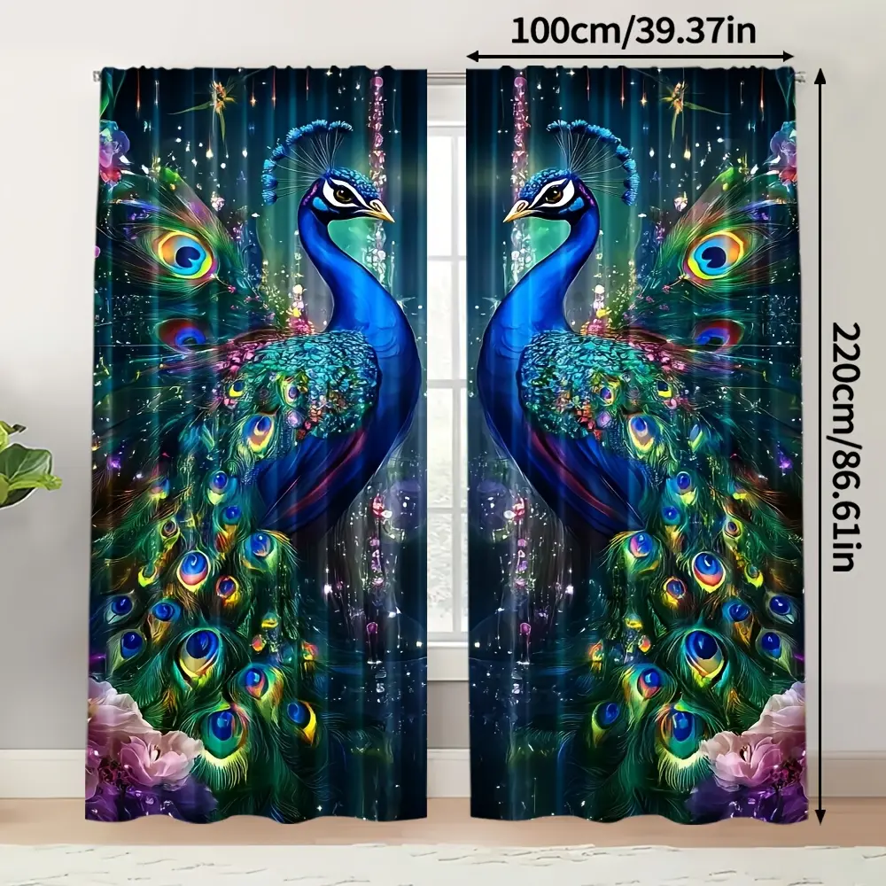 Colorful Peacock Print Curtains Set of 2, Multicolor Design, 100% Polyester, Light-Transmitting, Rod Pocket Style, Bedroom and Living Room Decor, Home Decoration Curtain