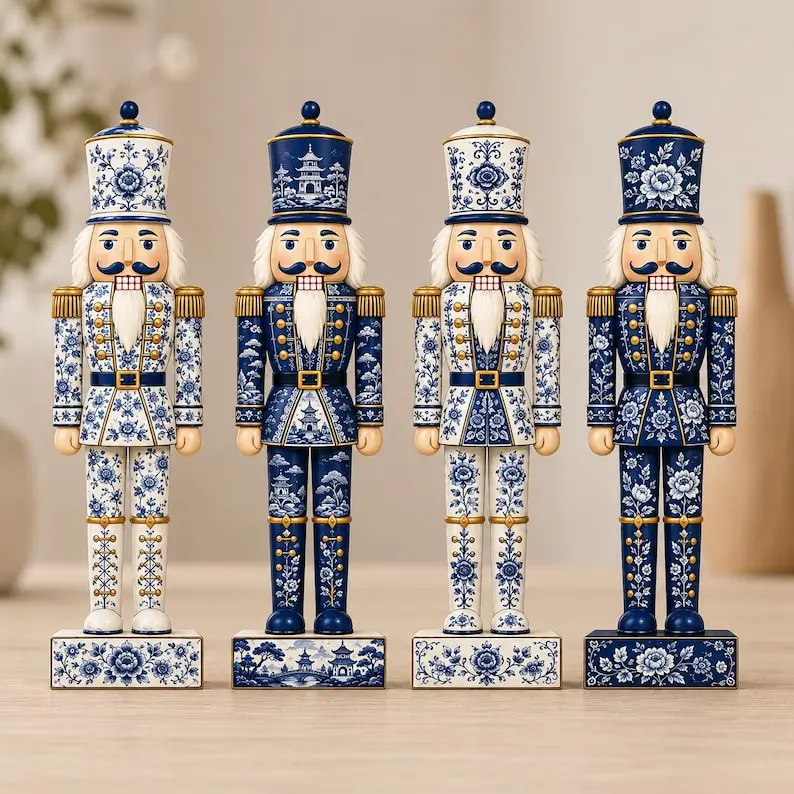 Chinoiserie Nutcracker Wooden Block, Blue White Toile Christmas Decor, Holiday Tabletop Accent, Nutcracker Gift