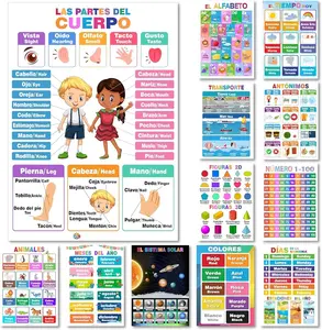 12 Spanish English Bilingual Educational Posters Water Proof Learning Chart for , , 1st Grade, Classroom Decoration, Alpabet, Alfabeto, Numbers, Seasons, Colors, Month of the