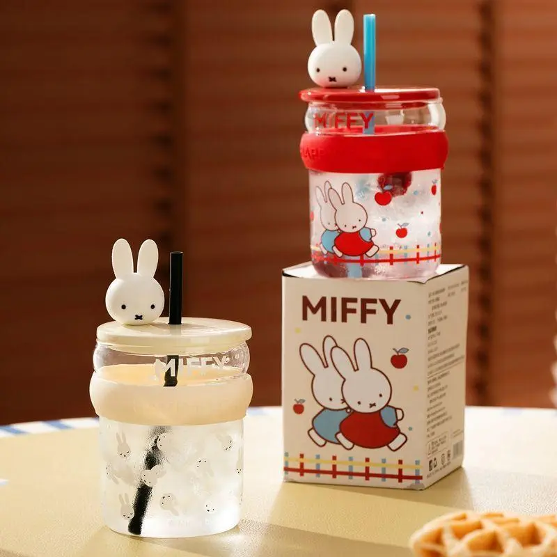 Miffy Kawaii Glass Cup with Straw Cute Cartoon Bunny Milk Coffee Juice ...