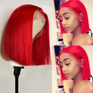 GK Red Bob Wig 180% Density Human Hair 13x4 Lace Front Short Cut 8inches Silky Straight Bob Wigs Bleach Knots for Women Pre Plucked Natural Hairline HD Lace Red Human Hair Middle Part Wigs