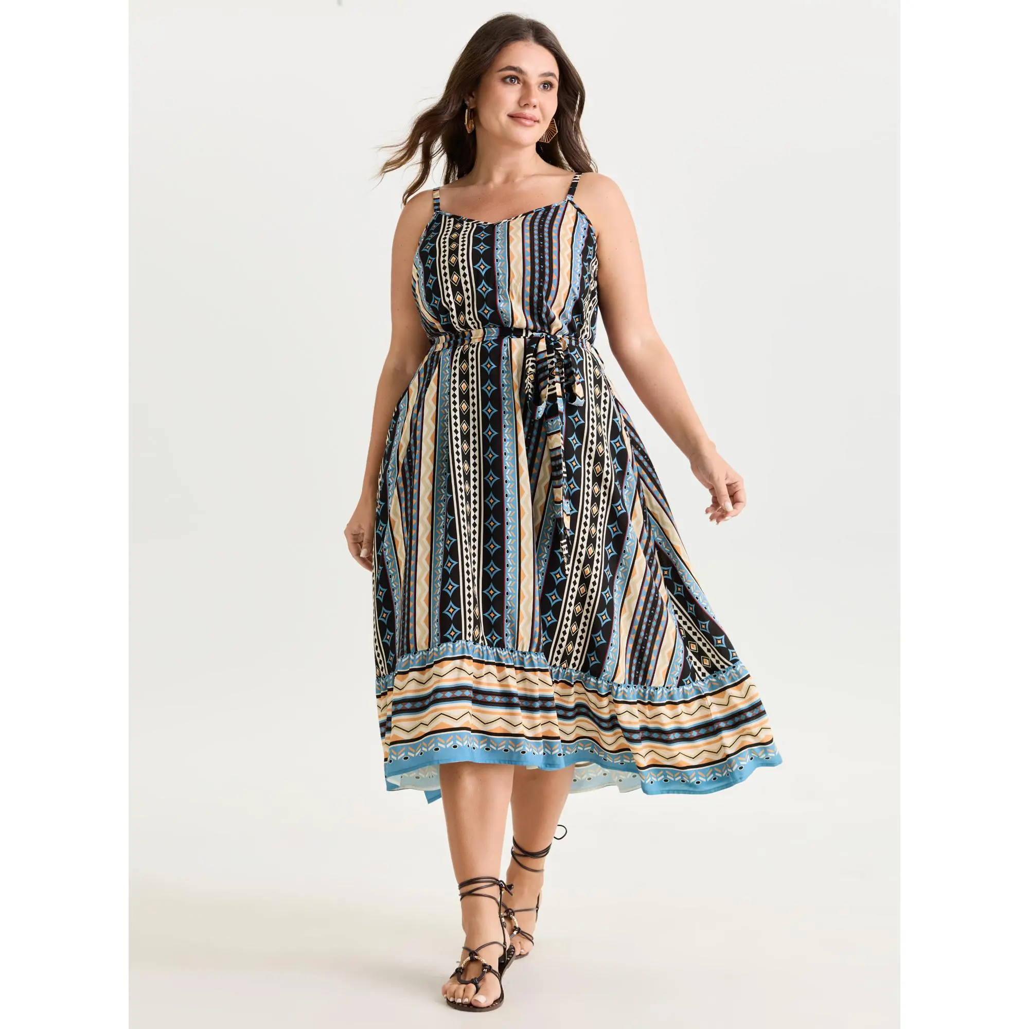 BloomChic Plus Size Boho Ethnic Floral Cami Maxi Dress, Casual Smooth Rayon Garment with Spaghetti Straps, Waist-Tie and Pockets, Sleeve, Multicolor, Low Iron, Cami Dress, Bohemian, Casual Wear, Curvy Dresses Plus Size