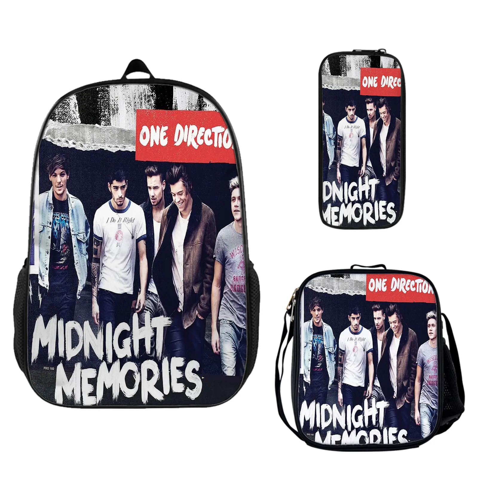 One Direction Large Capacity Backpack 3-Piece Set, School Bookbag with Insulated Lunch Box and Pencil Pouch for Teen Boys Girls, Lightweight Travel Daypack Birthday Gift for Fans c-169