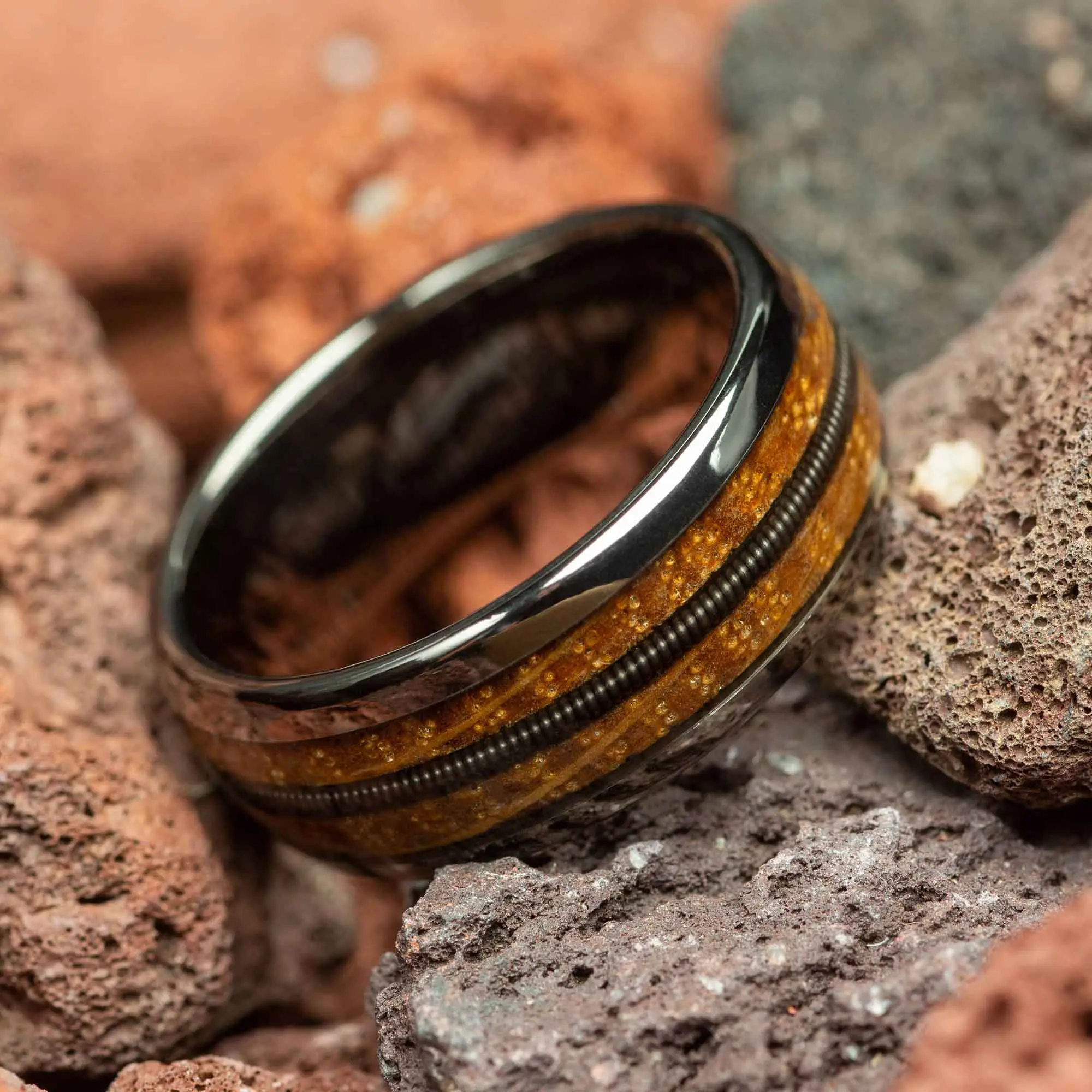 Guitar String with Whiskey Barrel Wood Gunmetal Tungsten Men's Wedding Ring Comfort Fit - 8mm