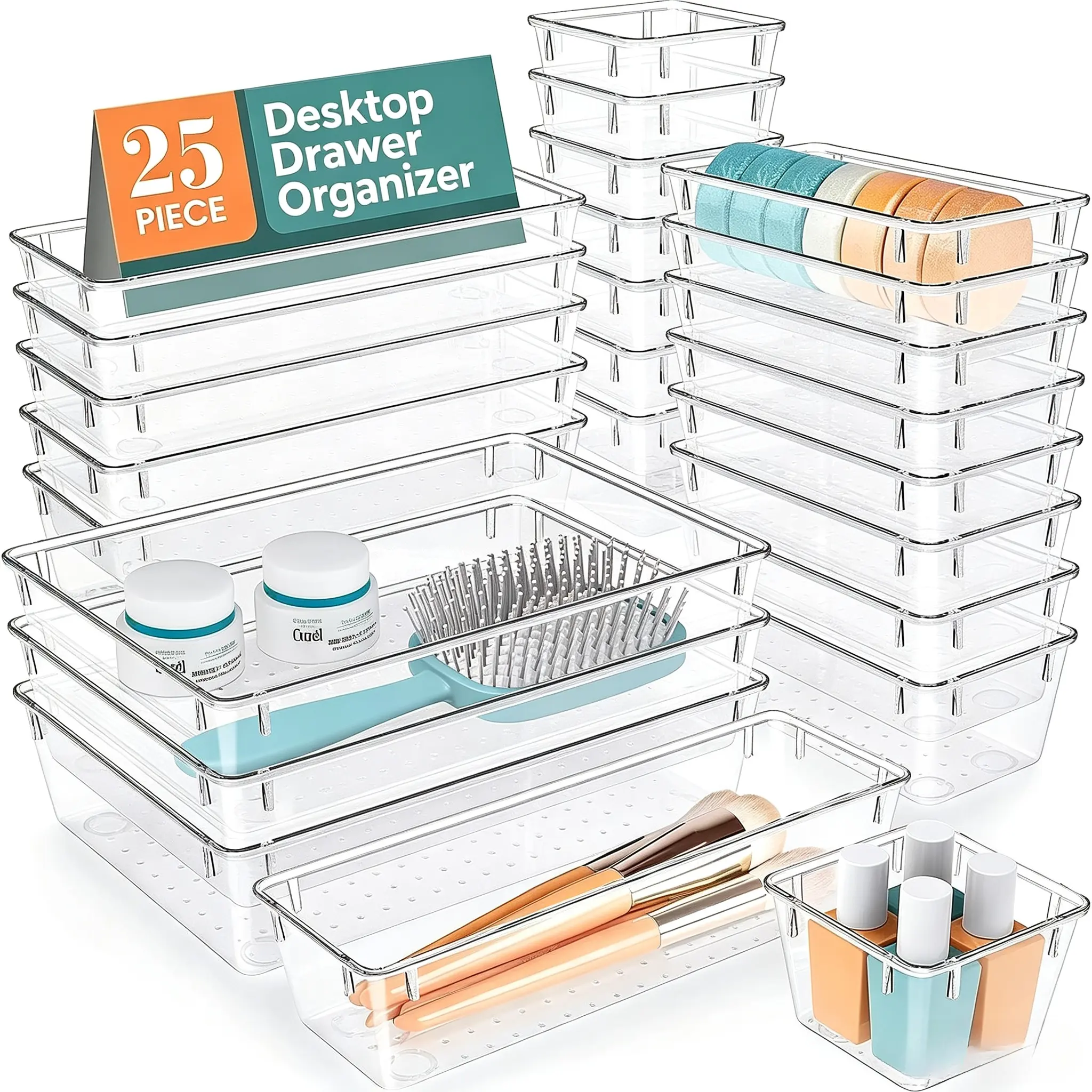 25 PCS Clear Plastic Drawer Organizer, Makeup Organizers and Storage Bins | 4 Sizes Desk Drawer Divider Organizers and Storage Bins for Makeup, Jewelry, Gadgets for Kitchen, Bedroom, Bathroom, Office