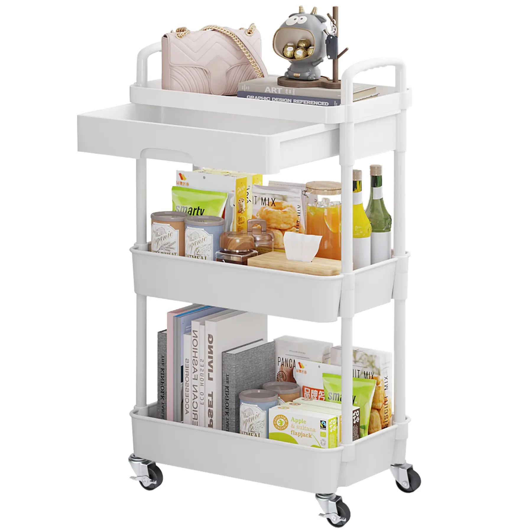 UDEAR 3 -Tier Rolling Utility Cart with Drawer,with Metal Wheels, Adjustable Movable Storage Cart for Kitchen,Bathroom,Living Room,Office