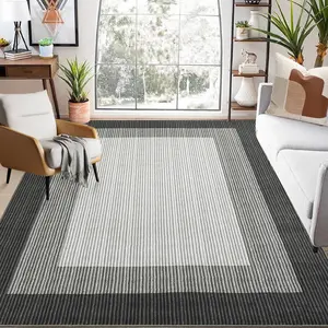 【GARVEE】8x10 Living Room Rug - Modern Bordered Accent, Washable, Stain Resistant, Non-Slip Backing, Low Pile, Soft Folding Area Rug for Bedroom and Apartment in Black/Grey