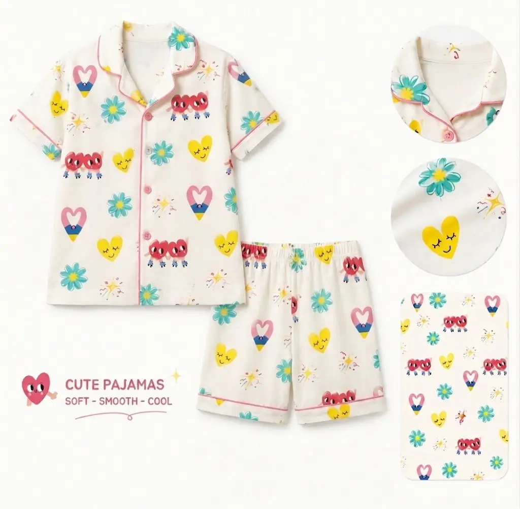 Cute Heart Pajamas Set, Pastel Green Summer Pjs, Roller Skating Heart Matching Sleepwear, Aesthetic Y2K Lounge Set, Soft Smooth Short Sleeve PJ