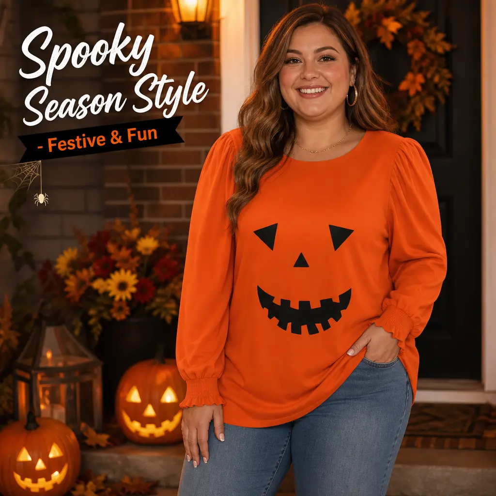 DOLNINE XL-5XL Plus Size Women's Halloween Sweatshirt, Pumpkin Graphic Long Sleeve Pullover with Puff Sleeves for Spooky Season DPS1069