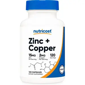 Nutricost Zinc + Copper Capsules (120 Servings)(15MG Zinc + 2MG Copper Per Serving) - Non GMO, Vegetarian – With Premium Mineral Formula Ingredients Including Zinc (as Zinc Gluconate) and Copper (as Copper Gluconate)