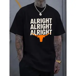 Men's Casual Black Cotton T-Shirt, Menswear Top, Short Sleeve Round Neck Men’s Shirts with "Alright" Texas Longhorn Logo Print, Regular Fit, Ideal for Sports Fans, Summer Wear