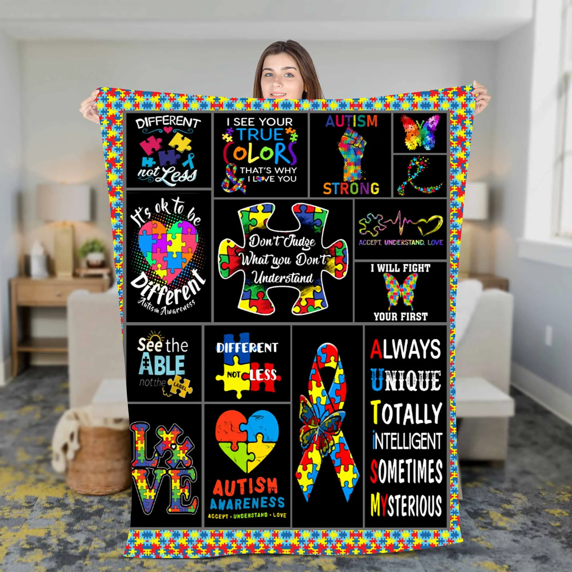 Autism Warrior Fleece Sherpa Blanket For Son - Modern Print Pattern - Soft and Cooling Material - Christmas Blanket